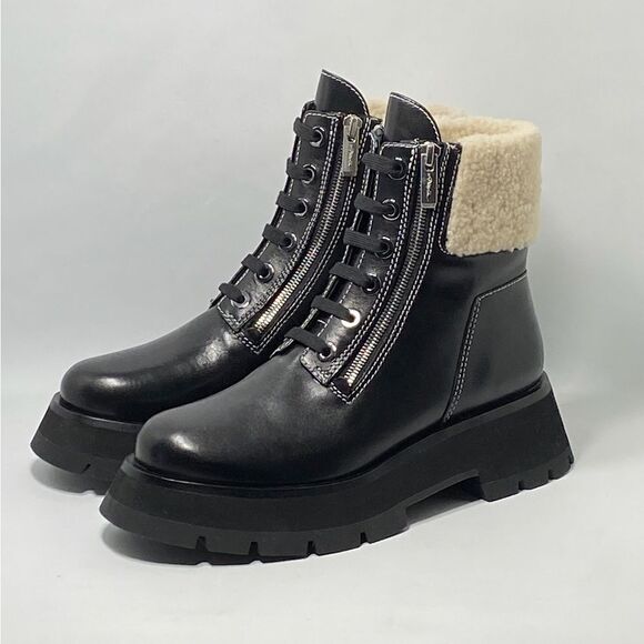 3.1 Phillip Lim Kate Zip Lug-Sole Shearling-Trimmed Leather Combat Boots size 39 - Picture 1 of 13